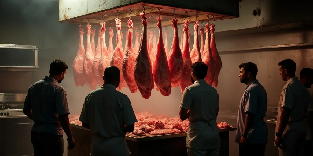 a group of people standing around a bunch of meat hanging from a ceiling in a kitchen area with meat