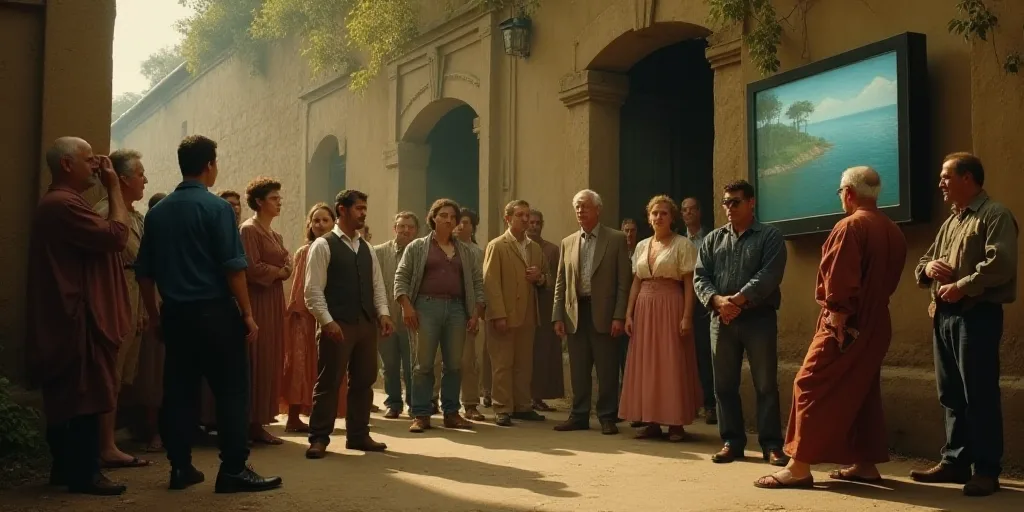 a group of people standing around a building with a tv on the wall and a person holding a cell phone