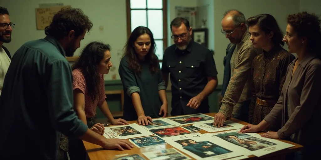 a group of people standing around a table with pictures on it and posters on the ground next to them
