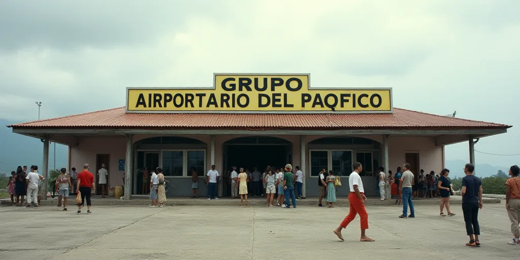 a group of people standing around a building with a sign on it that says grupo aeroportuario del pac