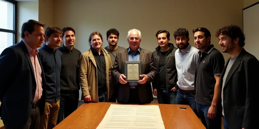 a group of people standing around a table with a plaque in front of them and a man holding a plaque,