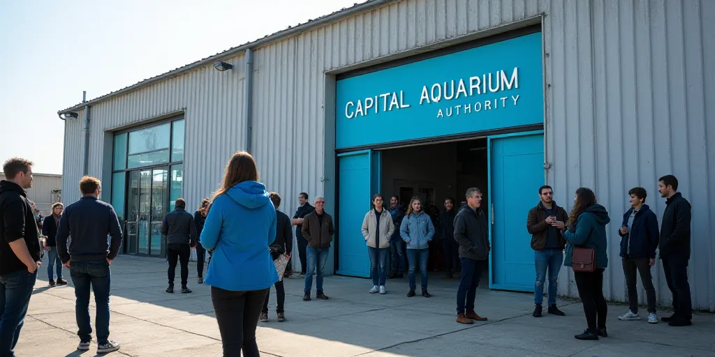 a group of people standing around a building with a sign on it that says capital aquarium authority