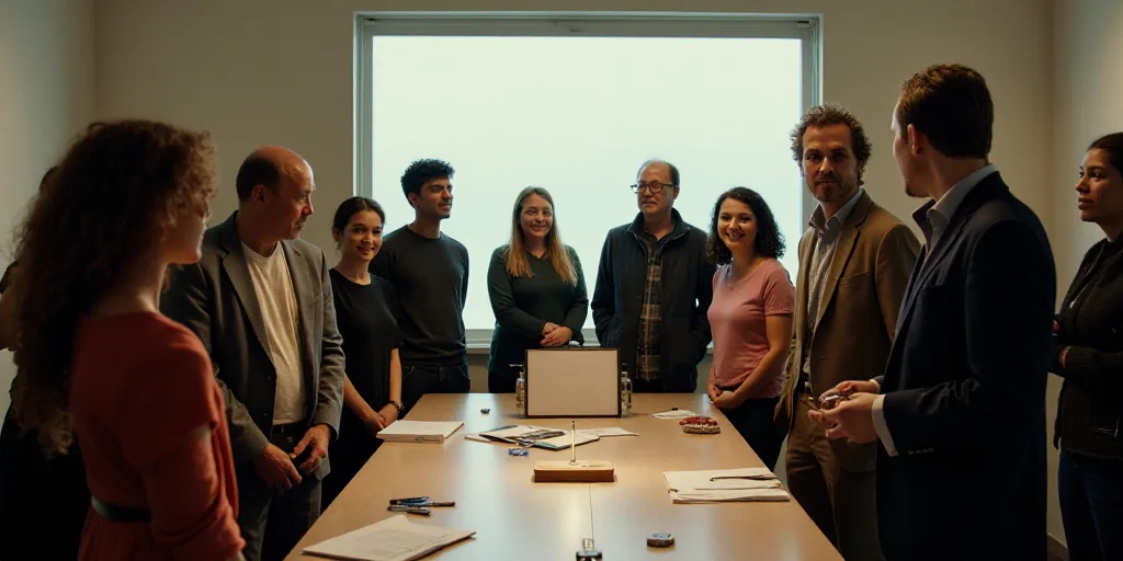 a group of people standing around a table with a sign on it and a bunch of people taking pictures, E