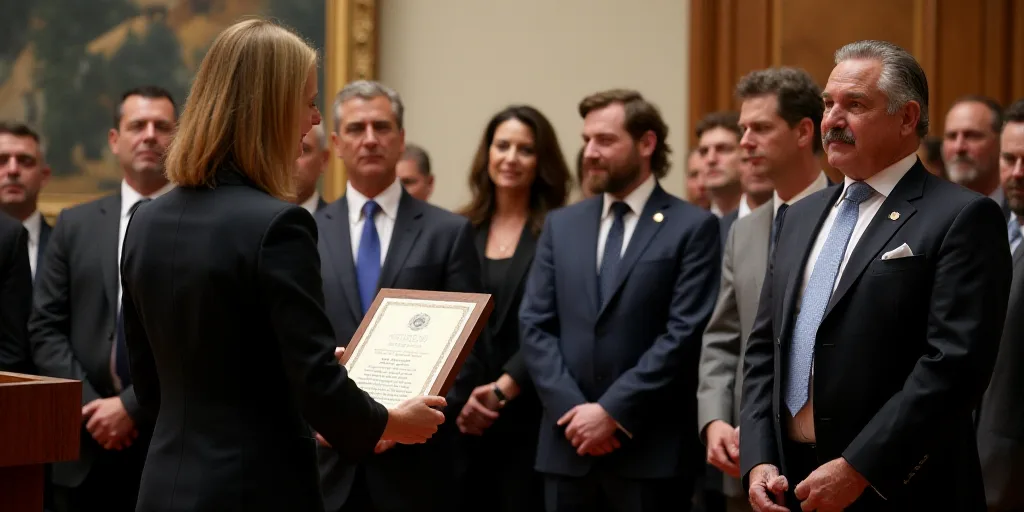 a group of people standing around a podium with a woman holding a plaque in front of them and a man