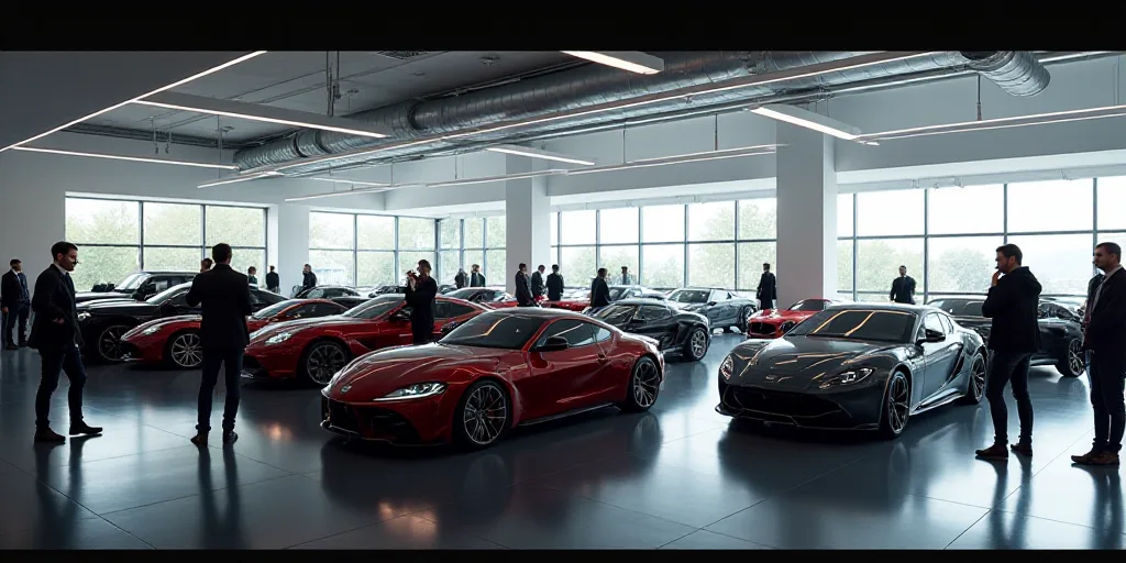 a group of people standing around a bunch of cars in a showroom with people walking around them and