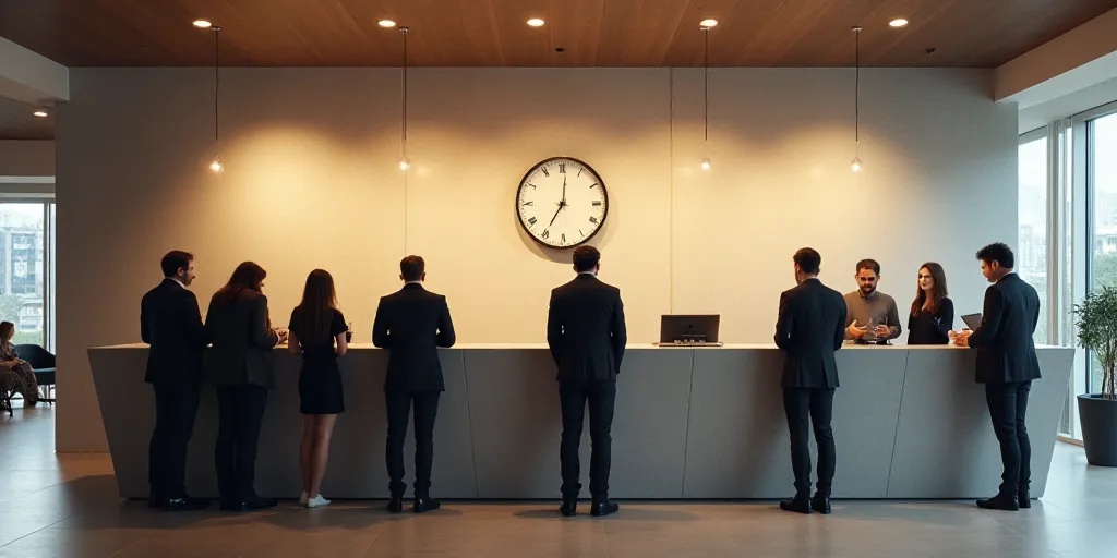 a group of people standing at a counter in a building with a clock on the wall behind it and a man s