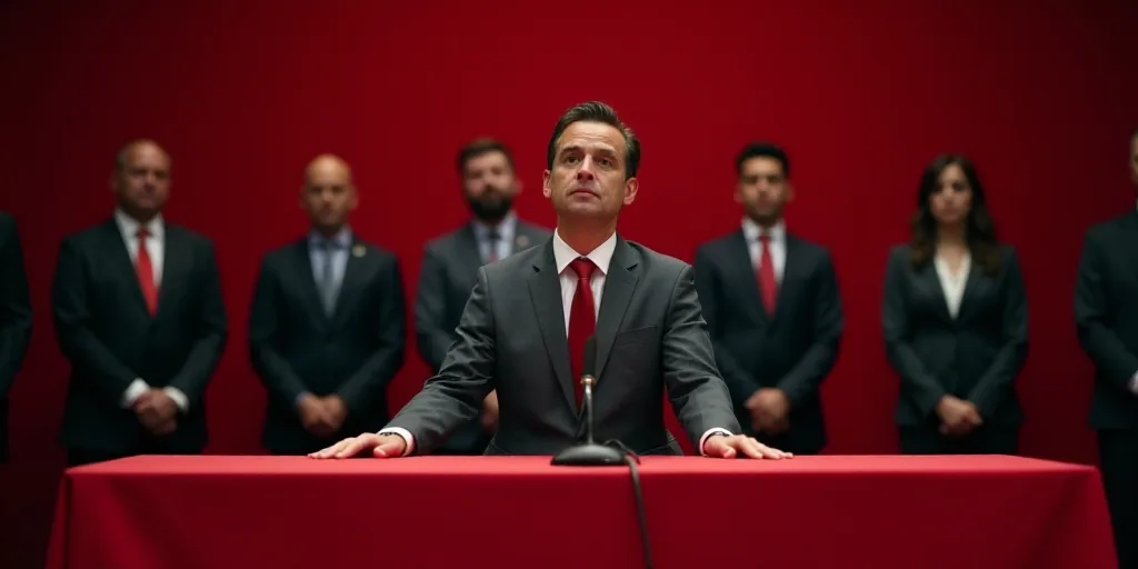 a group of people standing behind a red table with a microphone in front of them and a man in a suit