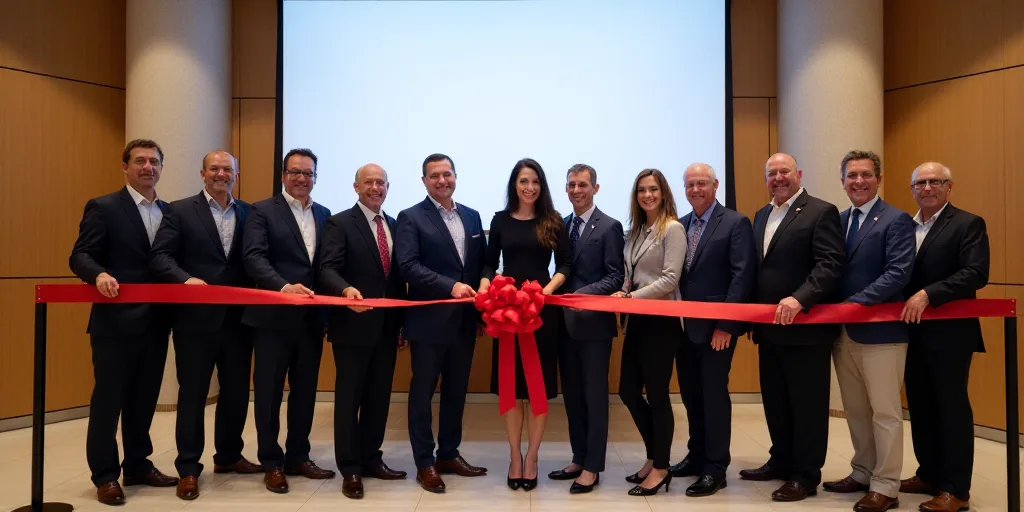 a group of people standing behind a ribbon cutting a ribbon at a ribbon cutting ceremony in a buildi