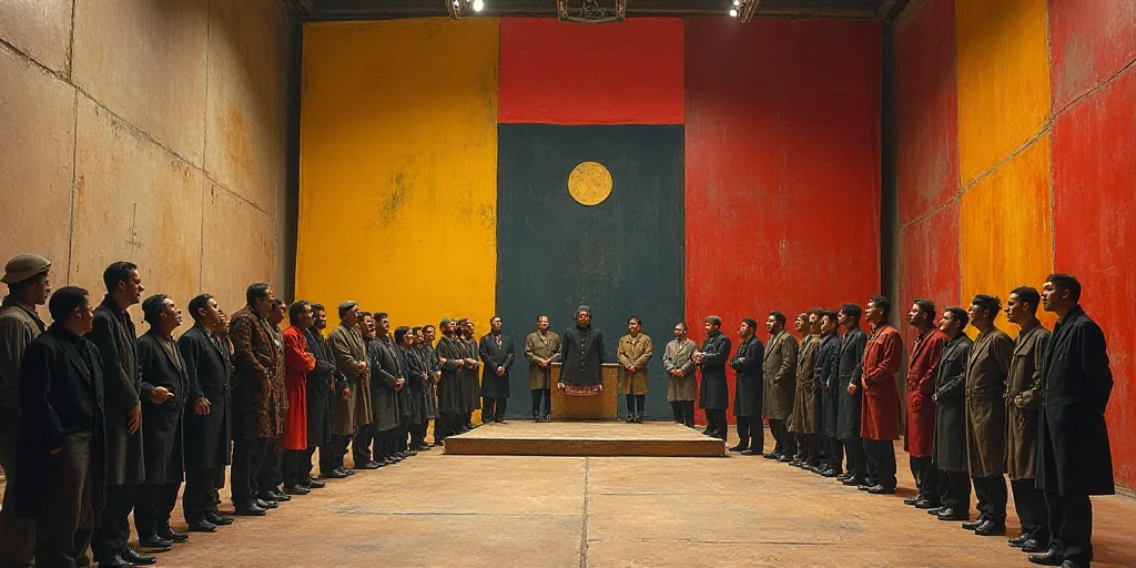 a group of people standing in a room with a flag on the wall and a stage with a flag on it, David Al