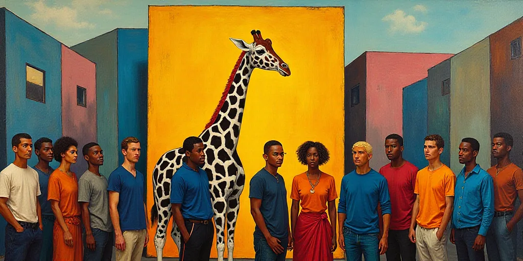 a group of people standing in front of a sign with a giraffe on it's side, Art & Language, maya, a c