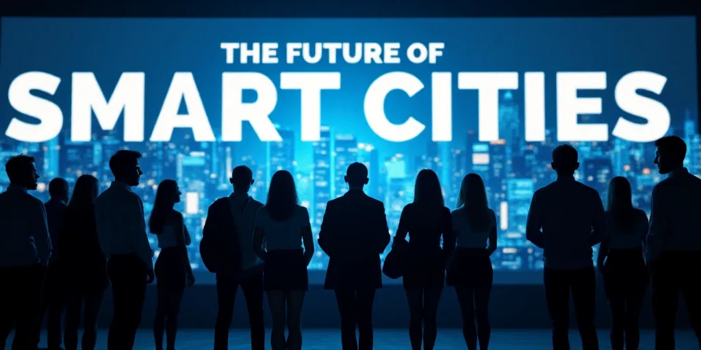 a group of people standing in front of a screen with a screen behind them that says the future of sm
