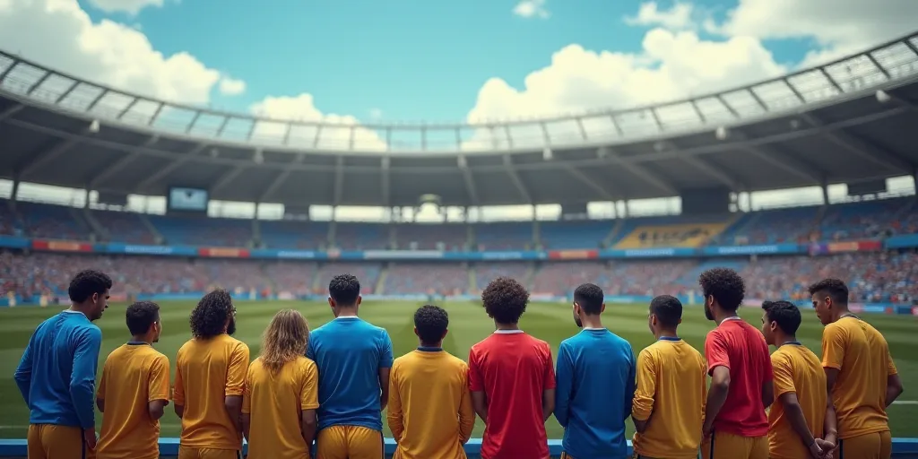 a group of people standing in front of a stadium with a sky background and a stadium sign in the bac