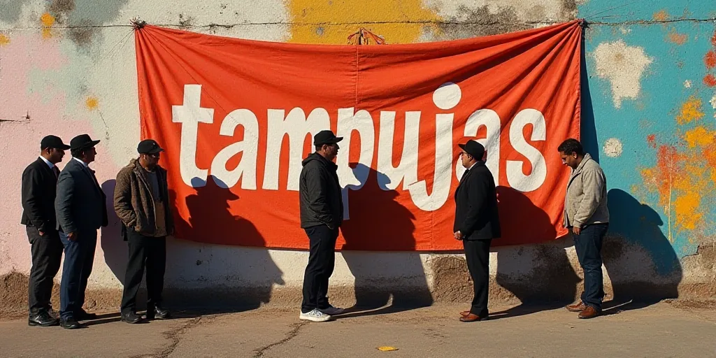 a group of people standing in front of a wall with a banner behind them that says tampujas, David Al