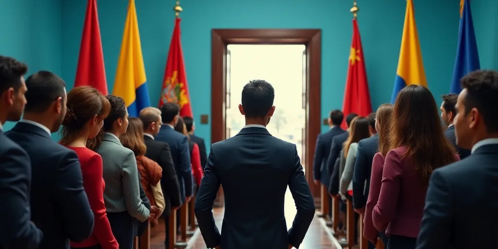 a group of people standing in front of flags in a room with a blue wall and a doorway in the backgro
