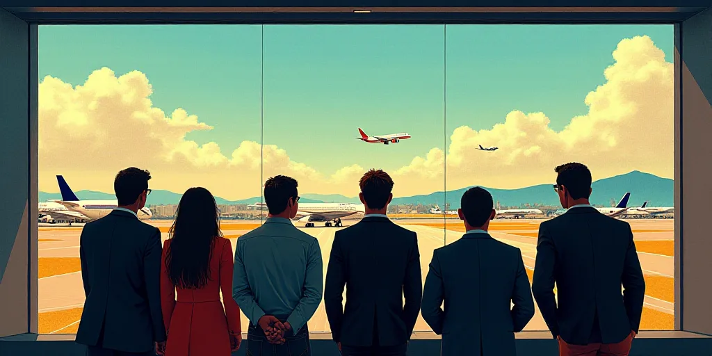 a group of people standing in front of a window looking out at an airport runway and planes on the t