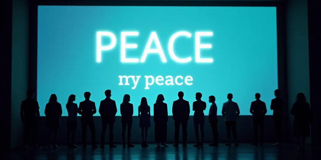 a group of people standing in front of a screen with a message on it that says peace and peace, Edua