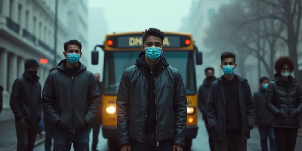 a group of people standing in front of a bus wearing face masks and standing in front of a bus, Elbr