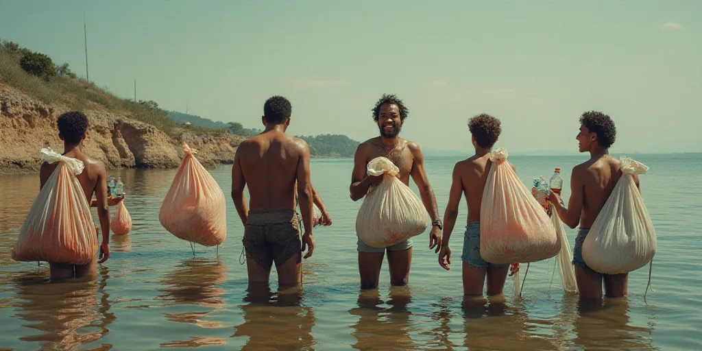 a group of people standing in the water with bags of trash and a man holding a bottle of water, Chri