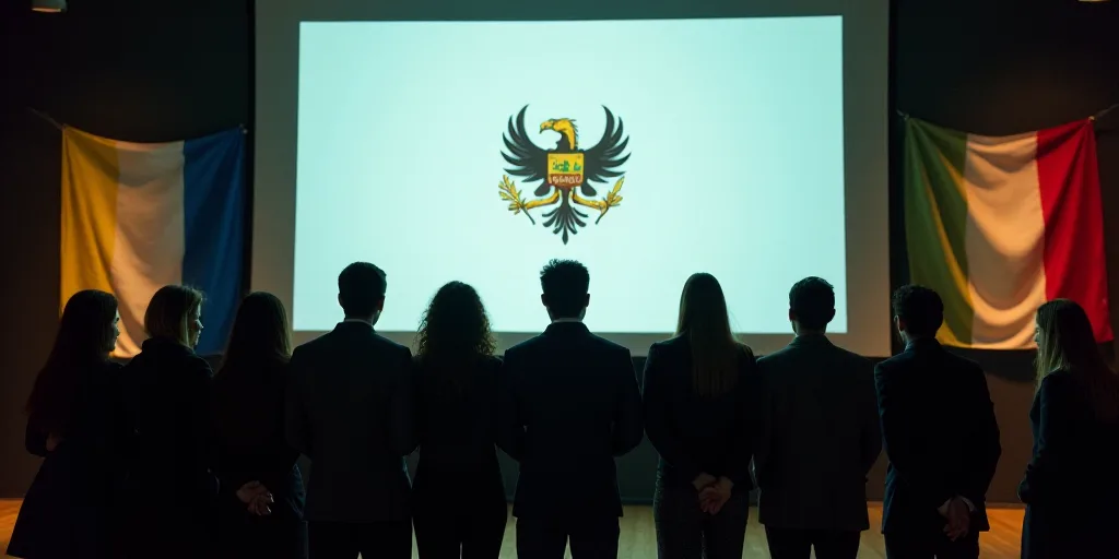 a group of people standing in front of a large screen with a logo on it and a flag behind them, Carl