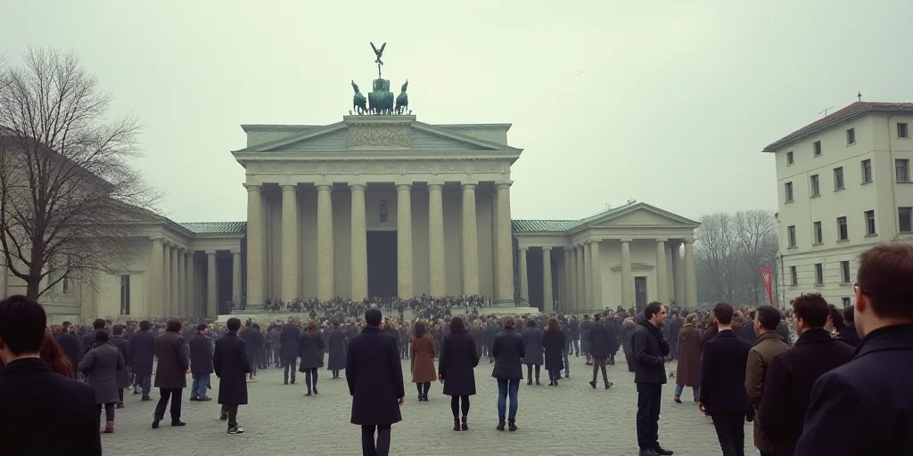 a group of people standing in front of a building with columns and a statue on top of it with a crow
