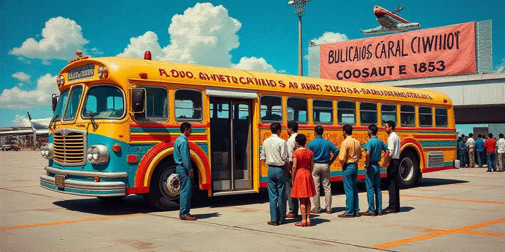 a group of people standing in front of a colorful bus at an airport with a banner in the background,
