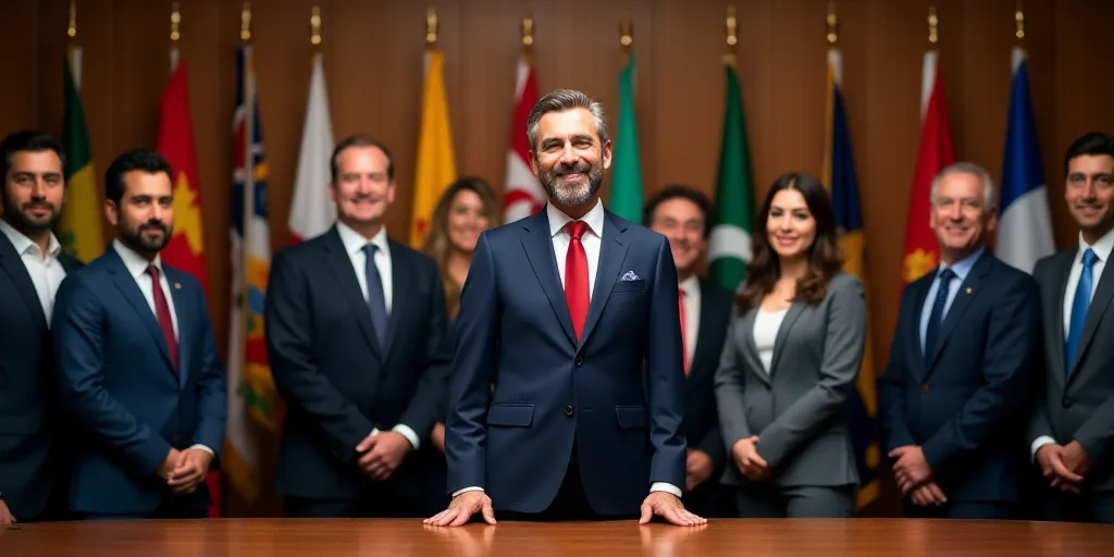 a group of people standing in front of a wooden table with flags behind them and a man in a suit, Ar