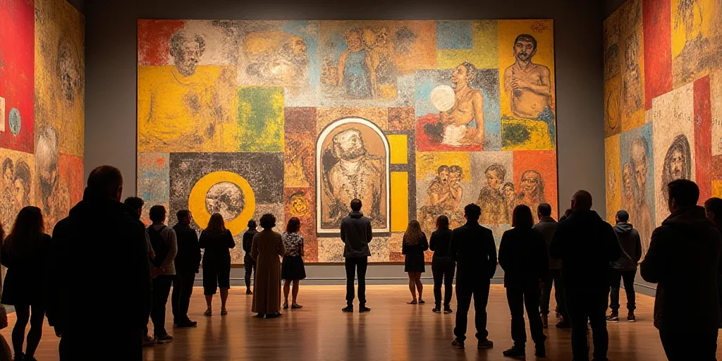 a group of people standing in front of a wall with pictures on it and a speaker on the floor, David