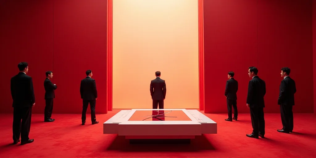 a group of people standing in a room with a red carpet and a white table with a red and black design