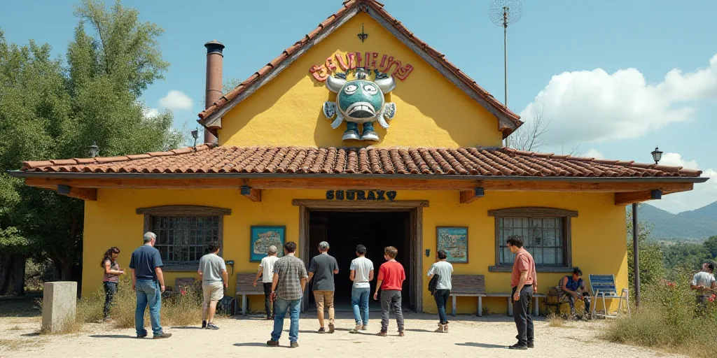 a group of people standing in front of a building with a mascot on the front of it and a sign that s