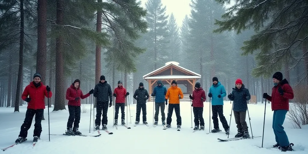 a group of people standing in the woods with skis on their feet and poles in their hands, with a gaz