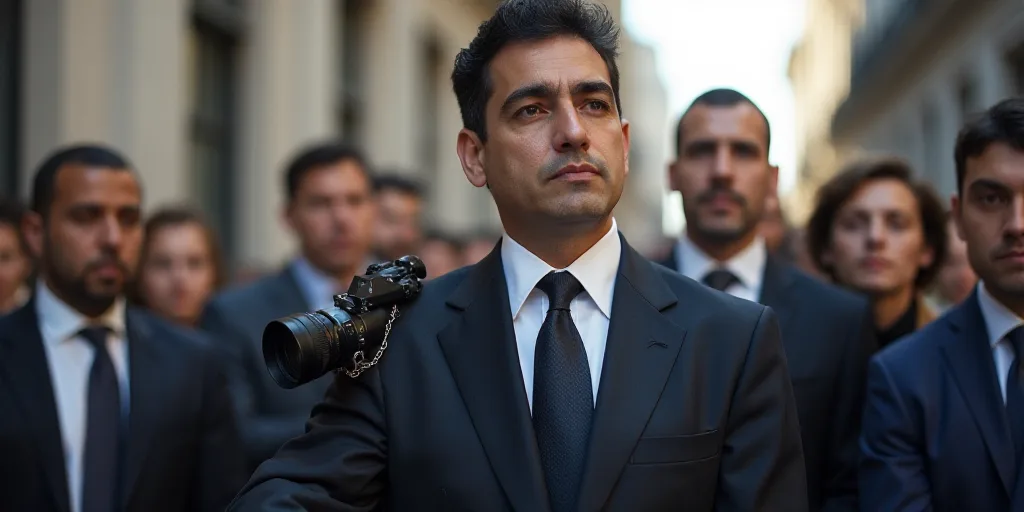 a group of people standing in front of a building with a camera on their shoulder and a man in a sui