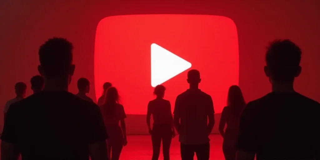 a group of people standing in front of a red play button logo with a white arrow on it's side, Ahmed