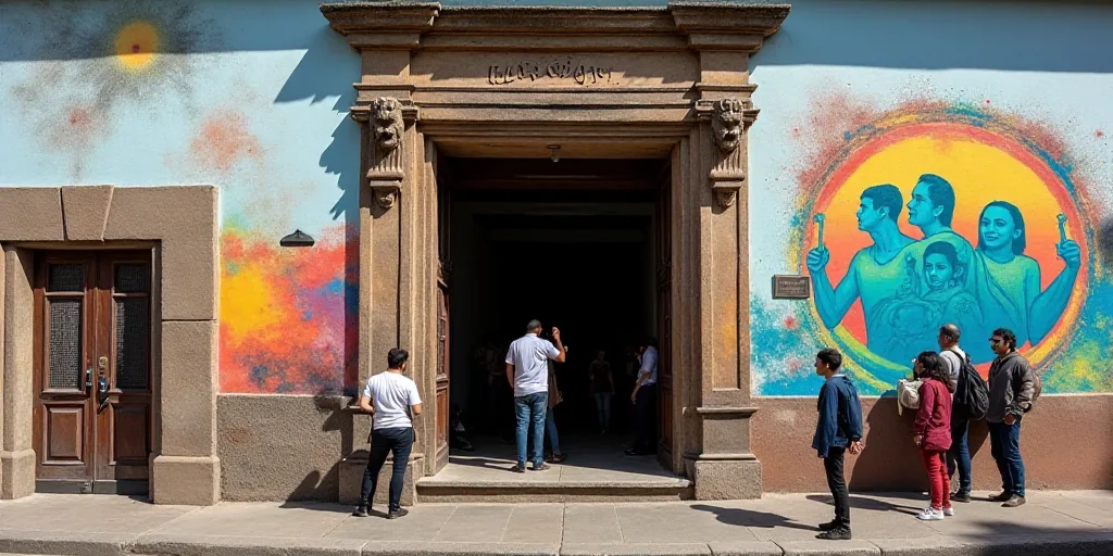 a group of people standing in front of a building entrance with a mural on it's side and a sign that