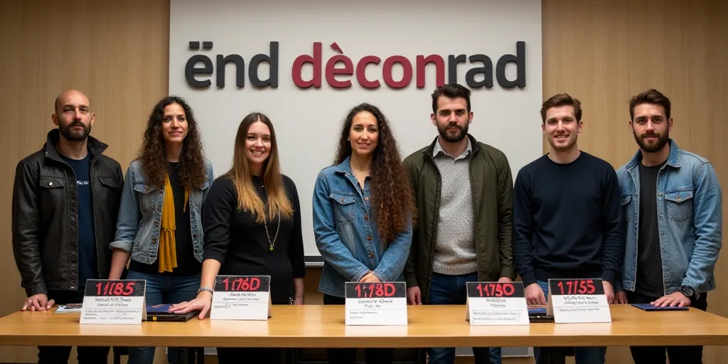 a group of people standing in front of a table with signs on it and a sign behind them that says, en