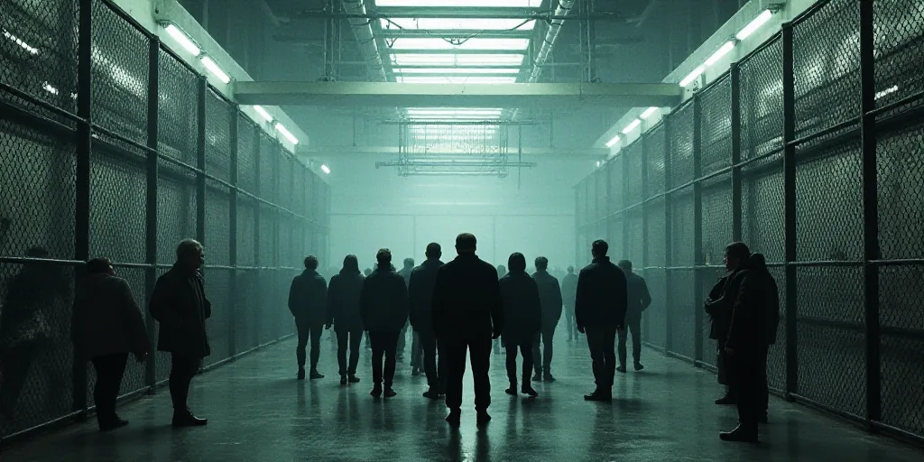 a group of people standing in front of a metal caged area with a large metal structure behind them,