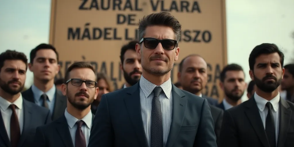 a group of people standing in front of a sign with a man in a suit on it's chest, Aníbal Villacís,