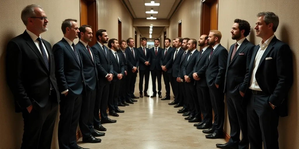 a group of people standing in a hallway together in suits and ties and ties on the wall of a buildin