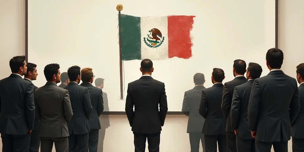 a group of people standing in front of a white board with a flag on it and a man in a suit and tie,