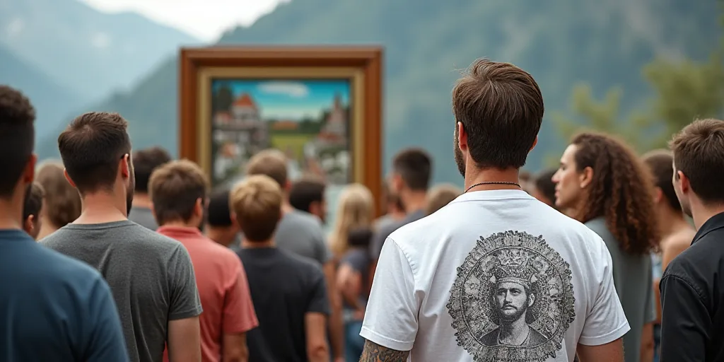 a group of people standing in front of a sign with a picture on it and a man in a white shirt, Cefer