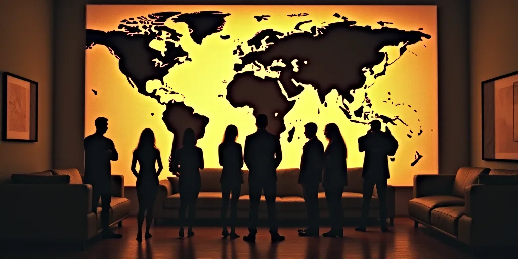 a group of people standing in front of a map of the world on a wall in a room with a couch, Carlos F