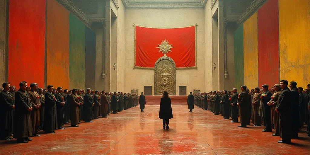 a group of people standing in a room with a flag on the wall and a stage with a flag on it, David Al