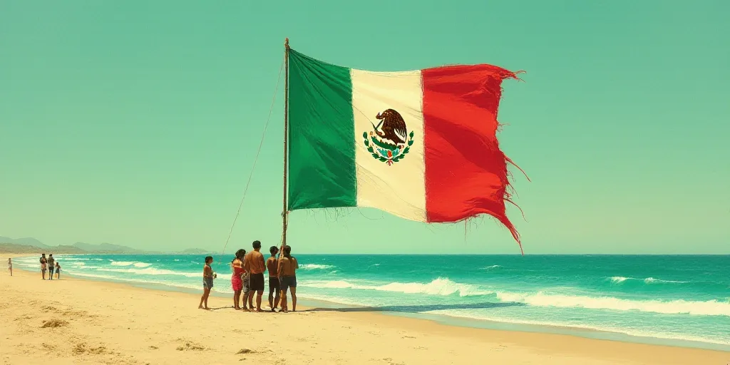 a group of people standing next to a large mexican flag kite on a beach in the ocean with people sta
