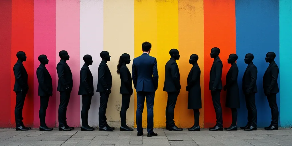 a group of people standing next to each other in front of a wall with a flag on it and a man in a su