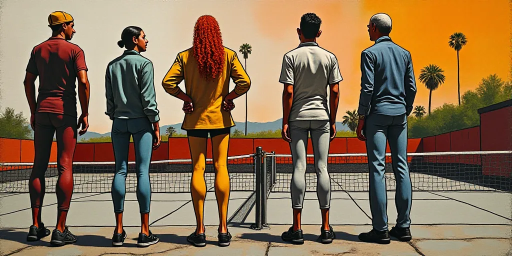 a group of people standing next to each other in front of a tennis court with chairs and a tennis co