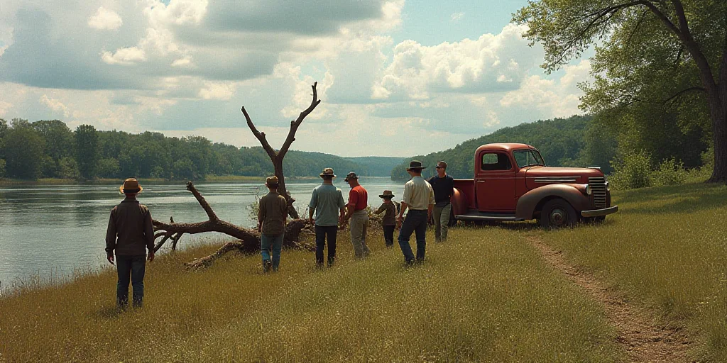 a group of people standing next to a fallen tree in a field next to a river with a truck in the back