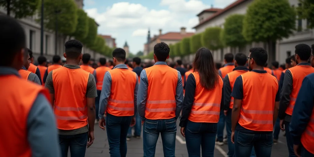 a group of people standing next to each other in front of a crowd of people wearing safety vests, Fe