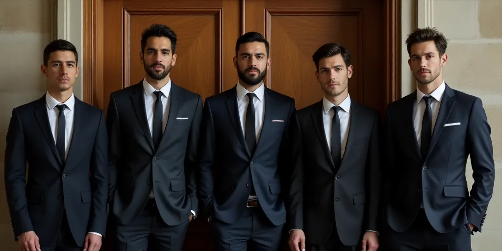 a group of people standing next to each other in suits and ties in front of a wooden door with a gla