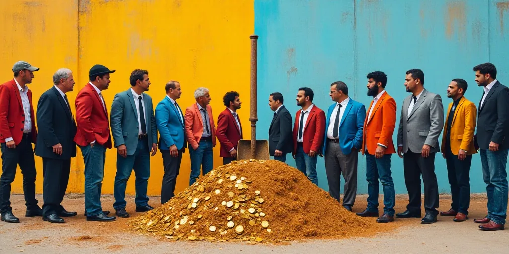 a group of people standing next to a pile of coins and a pile of dirt with a shovel in it, Edi Rama,