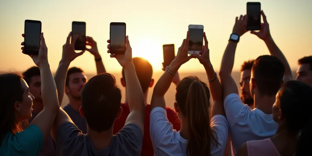 a group of people standing next to each other holding up cell phones in the air with their hands up,