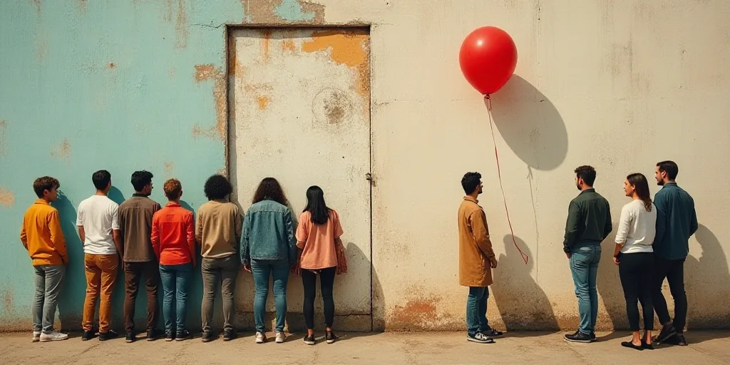 a group of people standing next to a wall with a mural on it and a red balloon in the air, Art & Lan